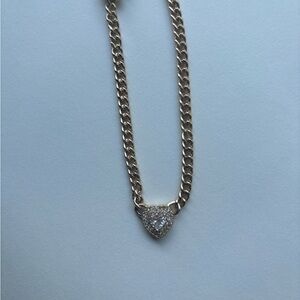 Short Length Necklace w/ Thick Gold Chain and Heart Pendant Gemstone Detailing
